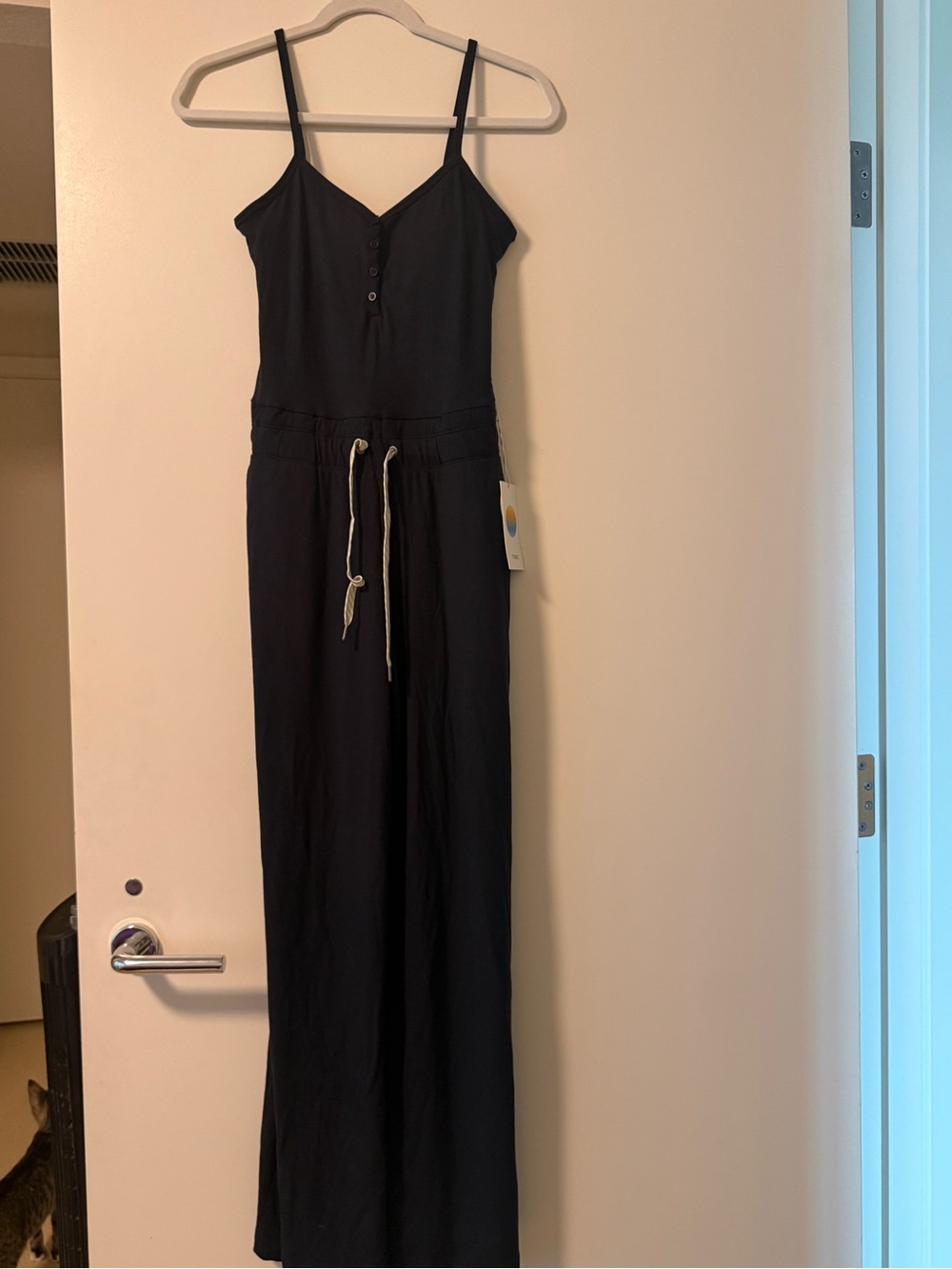 Vuori Black Spaghetti-Strap Jumpsuit with Drawstring Waist